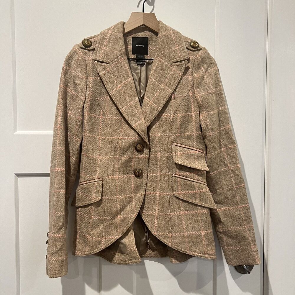 Smythe Virgin Wool Tan & Pink Plaid Print Blazer Women's Size 8 - Picture 3 of 10